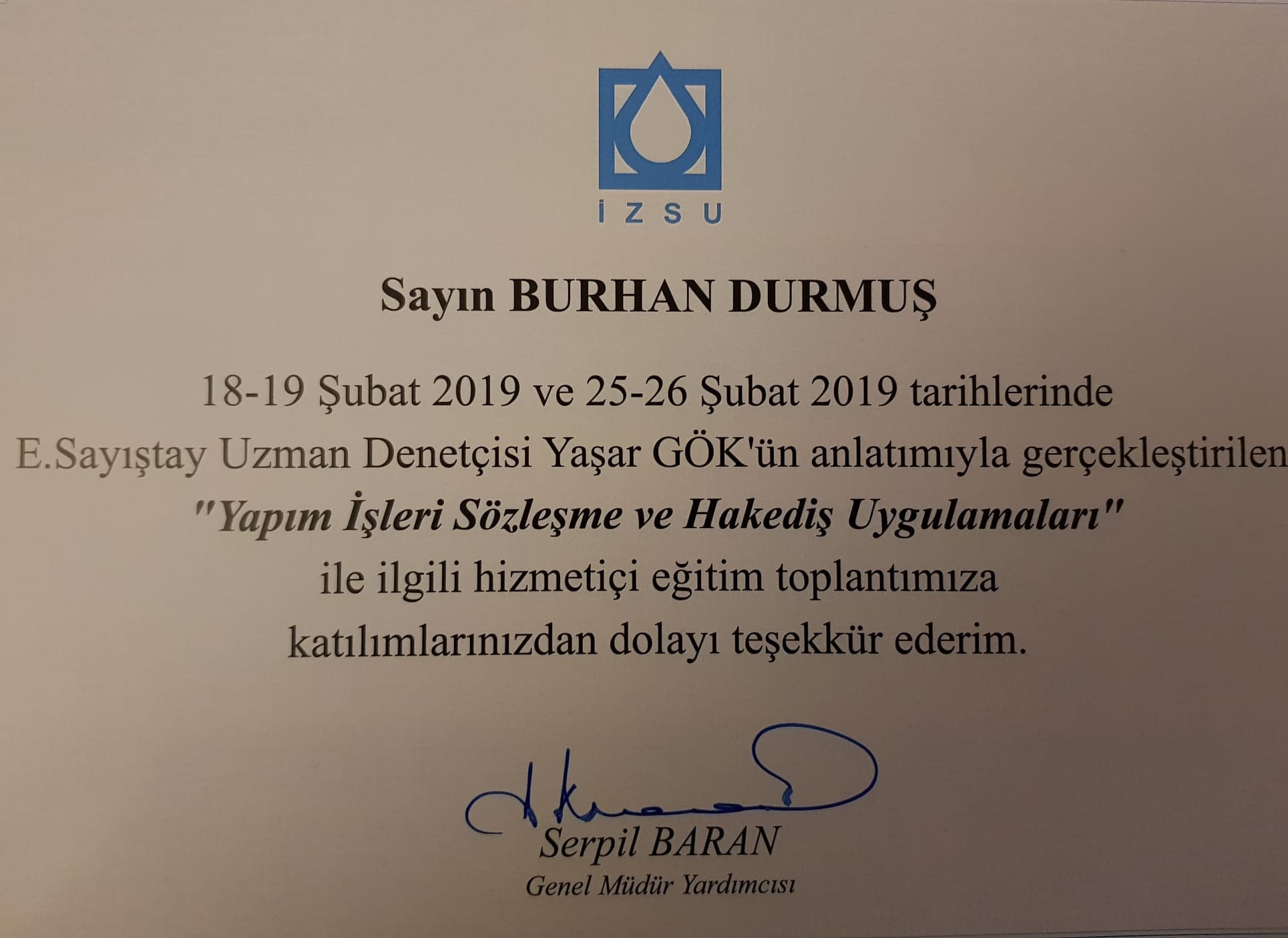 2019 tarihli İZSU yapım işleri sözleşme ve hakediş uygulamaları eğitim belgesi