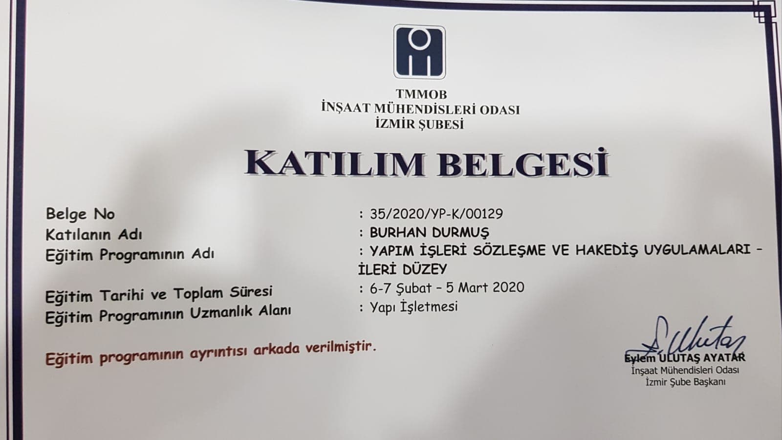 2020 tarihli TMMOB ileri düzey yapım işleri sözleşme ve hakediş uygulamaları belgesi